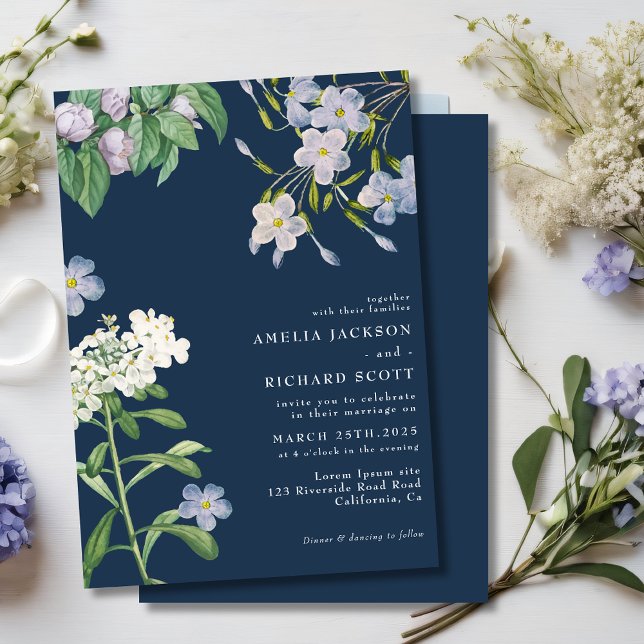Navy blue watercolor wildflowers classic wedding invitation (Creator Uploaded)