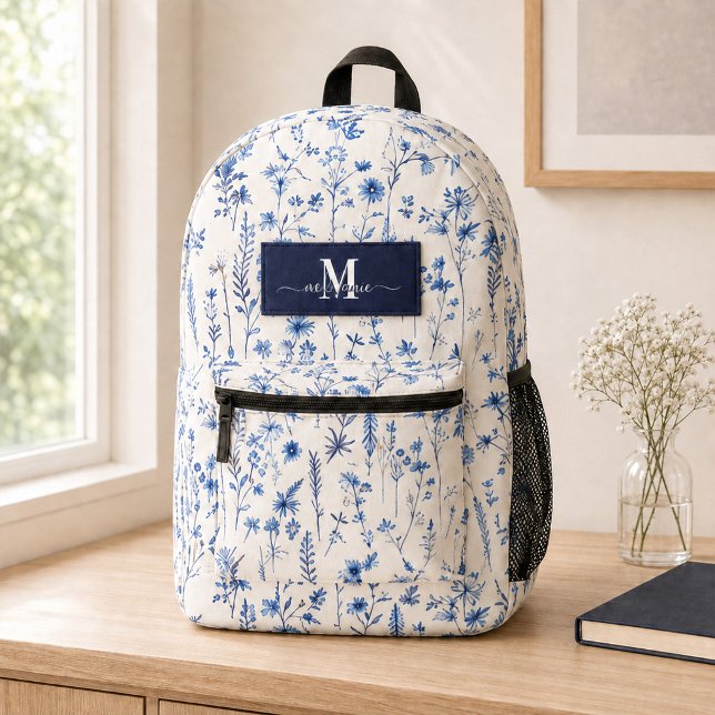 Navy Blue Watercolor Wildflowers Monogram Name  Printed Backpack (Watercolor Navy Wildflowers Custom Monogram Name Printed Backpack)