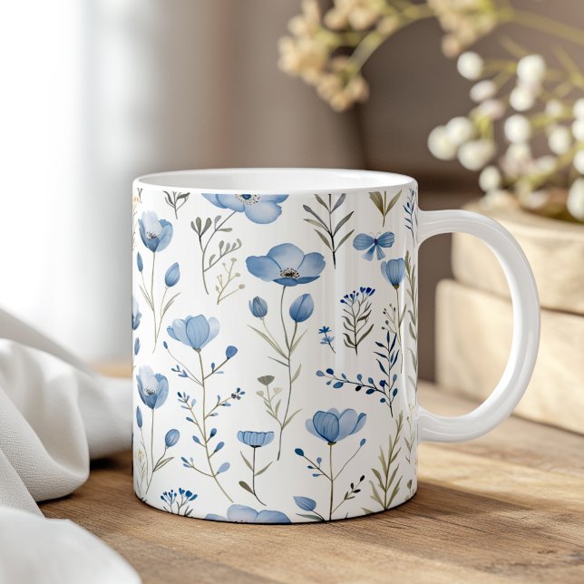 Navy Blue Watercolor Wildflowers Poppy Coffee Mug (Navy Blue Watercolor Wildflowers Poppy Coffee Mug on a boho neutral wooden table.)