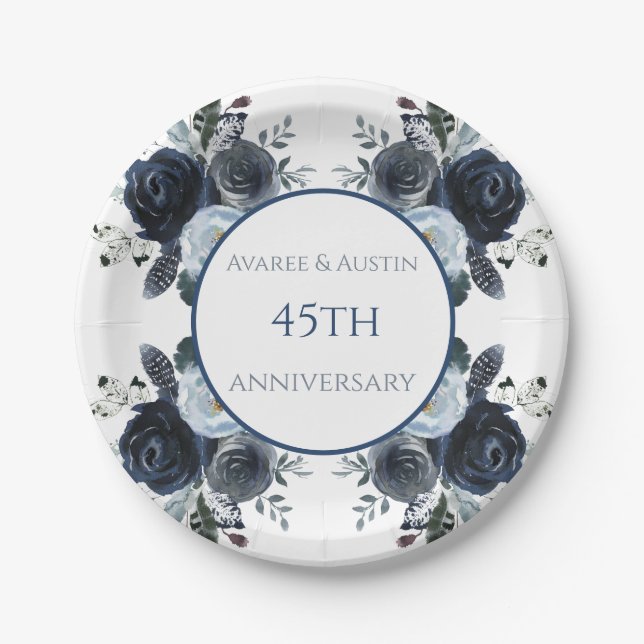 Navy Blue Watercolors 45/65 thSapphire Anniversary Paper Plate (Front)