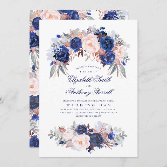Navy Blue Watercolors - Floral Elegant Wedding Invitation (Front/Back)