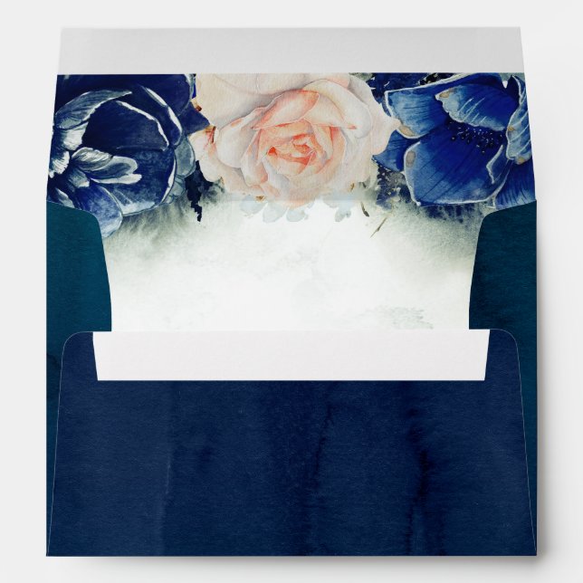 Navy Blue Watercolors Peach Rose Elegant Modern Envelope (Back (Bottom))
