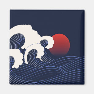 Navy Blue Wave with Red Moon Hand Drawn Magnet