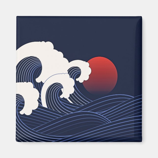 Navy Blue Wave with Red Moon Hand Drawn Magnet (Front)