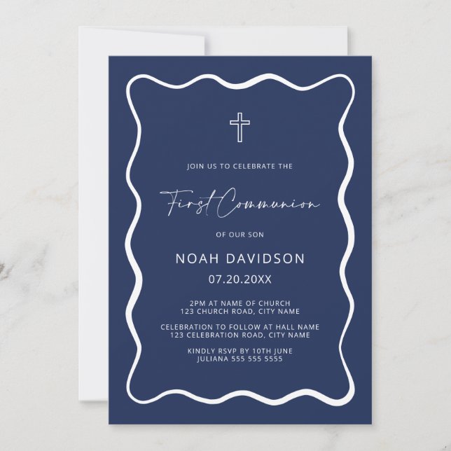 Navy Blue Wavy Communion Invites (Front)