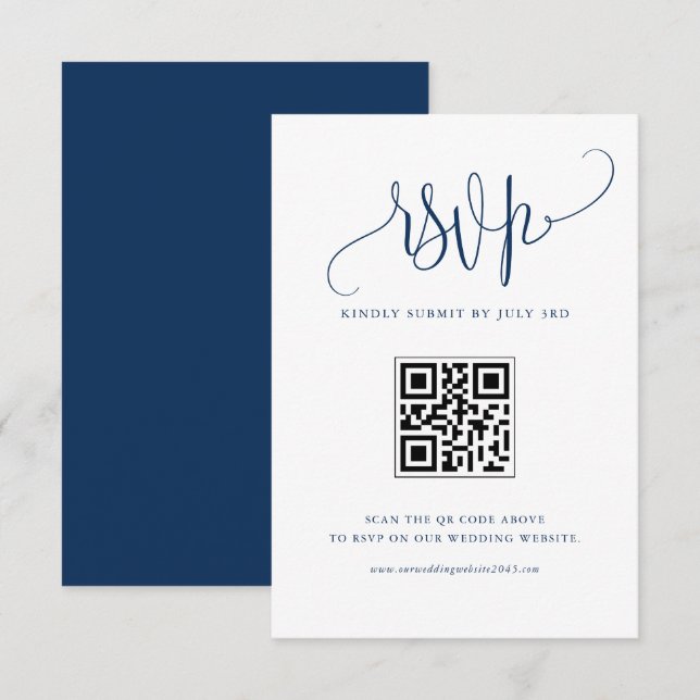 Navy Blue We Do Modern Calligraphy Wedding QR Code RSVP Card (Front/Back)