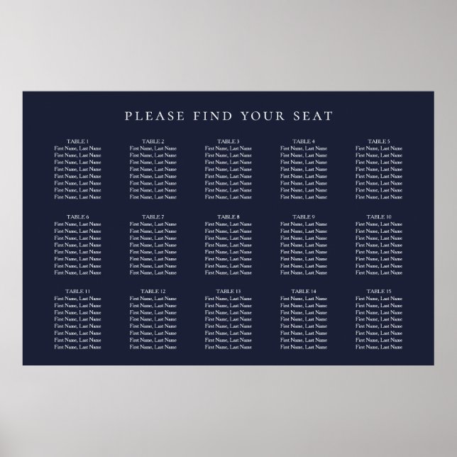Navy Blue Wedding 15 Table Seating Chart (Front)