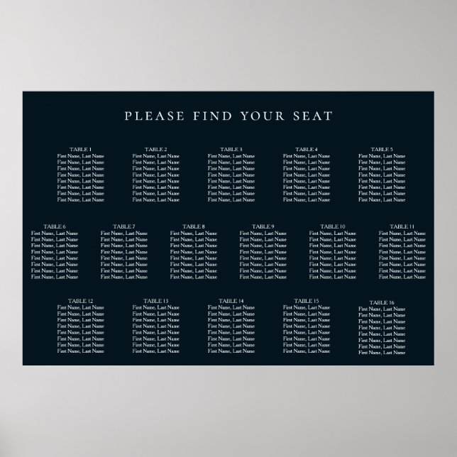 Navy Blue Wedding 16 Table Seating Chart (Front)