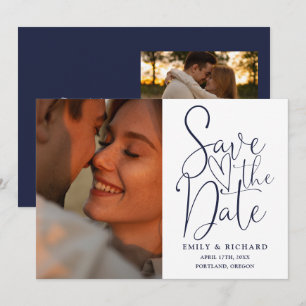 Navy Blue Wedding 2 Photo Elegant Script Save The Date