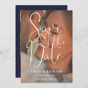 Navy Blue Wedding 2 Photo Elegant Script Save The Date