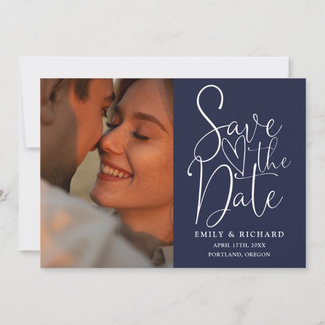 Navy Blue Wedding 2 Photo QR Code Elegant Script Save The Date (Front)