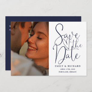 Navy Blue Wedding 2 Photo QR Code Elegant Script Save The Date