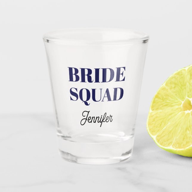 Navy Blue Wedding Bride Squad Personalized Shot Glass (Front)