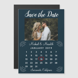 Navy Blue Wedding Calendar Photo Save the Date Magnetic Invitation