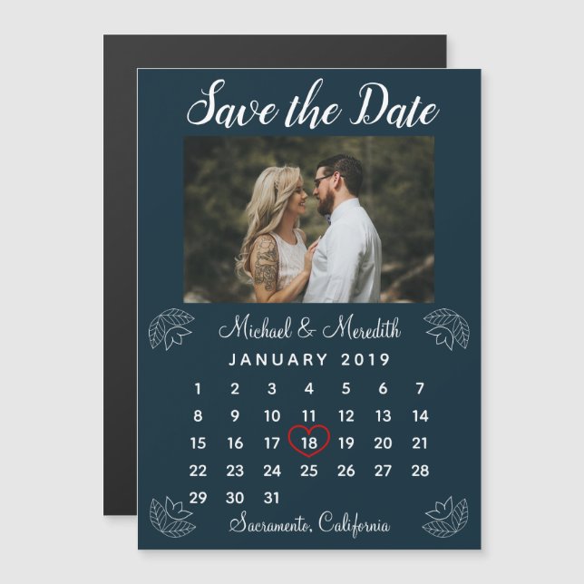 Navy Blue Wedding Calendar Photo Save the Date Magnetic Invitation (Front/Back)