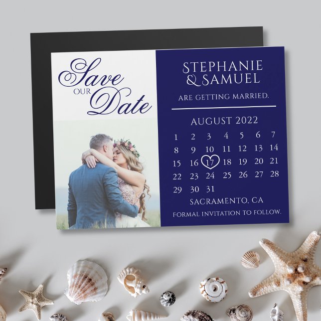 Navy Blue Wedding Calendar Photo Save the Date Magnetic Invitation (Creator Uploaded)