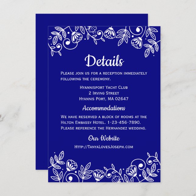 Navy Blue Wedding Details Floral Elegant Flowers Invitation (Front/Back)