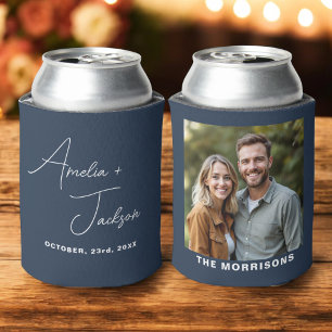 Navy Blue Wedding Favour Photo Modern Minimalist  Can Cooler