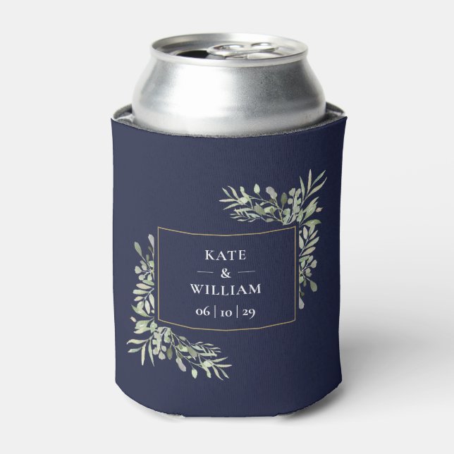 Navy Blue Wedding Greenery Foliage Can Cooler (Can Front)
