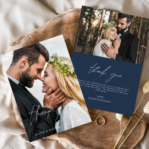 Navy Blue Wedding Handwritten Thank You 2 Photos Card