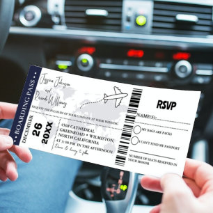 Navy blue Wedding invitation Boarding pass ticket