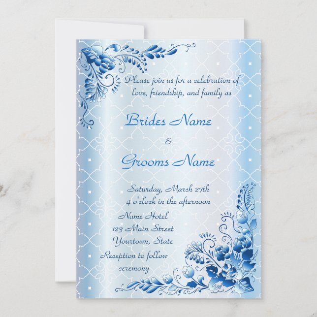 Navy Blue Wedding Invitation on Lace Ice-blue (Front)