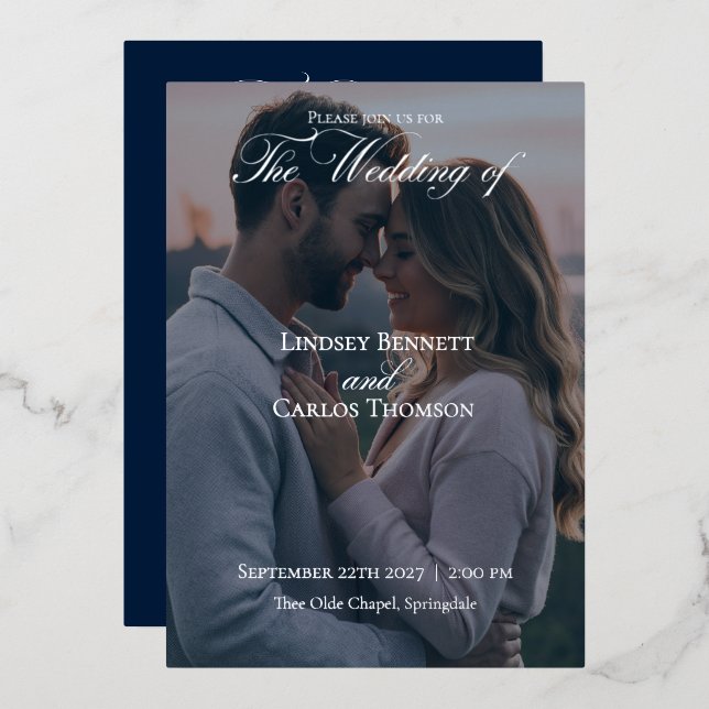 Navy Blue Wedding Invitation with Details (Front/Back)