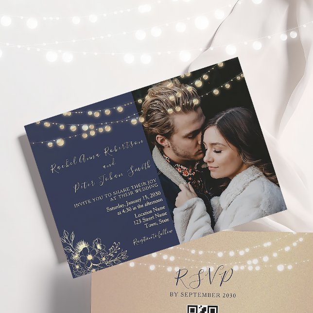 Navy Blue Wedding Invitation with String Lights (Creator Uploaded)