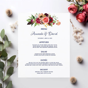 Navy blue Wedding Menu florals white burgundy