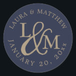 Navy Blue Wedding Monogram Classic Round Sticker<br><div class="desc">wedding  feature your initials worked into a monogram design,  joined by a decorative script ampersand. Your names and wedding date appear in white lettering,  curved around the outside.</div>