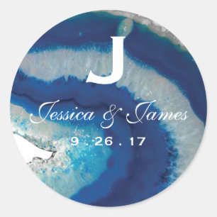 Navy Blue Wedding Monogram Date   Agate Classic Round Sticker