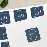 Navy Blue Wedding Monogram in Oval Frame Square Sticker<br><div class="desc">Monogrammed wedding stickers with bride and groom initials and decorative divider framed with a split lozenge-shape oval frame. Elegant and simple to co-ordinate with many wedding suites and a perfect match for my Wedding Colours collection, containing invitations, stationery and day of event decor. If you would like different colours or...</div>