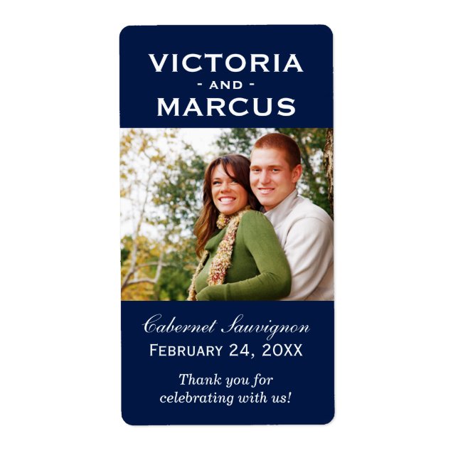 Navy Blue Wedding Monogram Photo Wine Bottle Favou (Front)