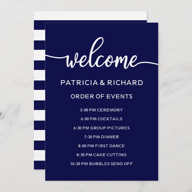 Navy Blue Wedding Order of Events Timeline Invitation (Front/Back)