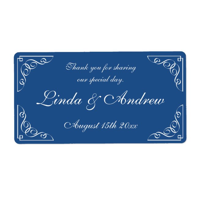 Navy blue wedding party favour water bottle labels (Front)