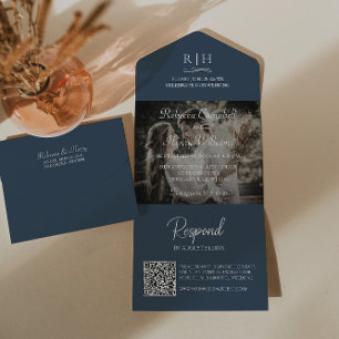 Navy Blue Wedding Photo   Monogram QR Code All In One Invitation
