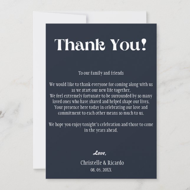 Navy blue Wedding place setting thank you   Announcement (Front)