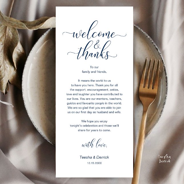 Navy Blue Wedding Place Setting Thank You Card (Welcome and Thanks, Wedding Dinner Place Setting Thank You Card in Navy Blue)