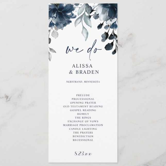 Navy Blue Wedding Programs Floral Greenery Programme (Front)
