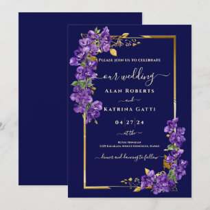 Navy Blue Wedding Purple Violets Gold Frame Invitation