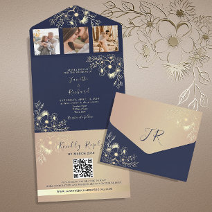 Navy Blue Wedding QR Code All In One Invitation