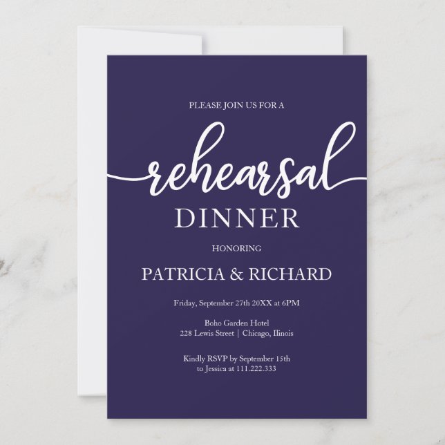 Navy Blue Wedding Rehearsal Dinner Invitation (Front)