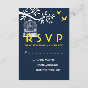 Navy Blue Wedding RSVP Card Vintage Bird Cage