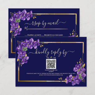 Navy Blue Wedding RSVP Violets Gold Frame Card