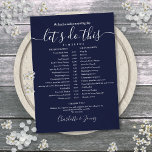 Navy Blue Wedding Schedule Timeline Card<br><div class="desc">This stylish navy blue wedding schedule timeline can be personalised with your wedding details in chic lettering. Designed by Thisisnotme©</div>