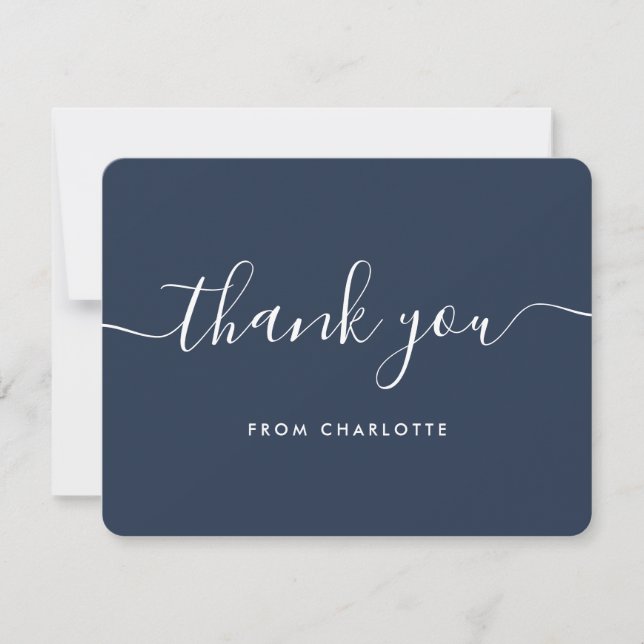Navy Blue Wedding Shower Birthday Modern Script Thank You Card (Front)