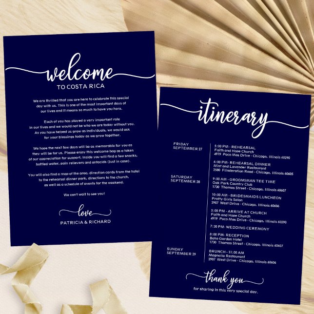 Navy Blue Wedding Welcome Letter Itinerary Card (Creator Uploaded)