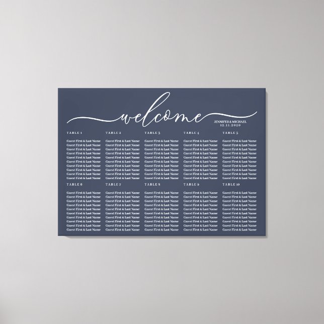 Navy Blue Wedding Welcome Seating Table Numbers Canvas Print (Front)