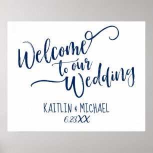 Navy Blue Wedding Welcome Sign - Brush Calligraphy
