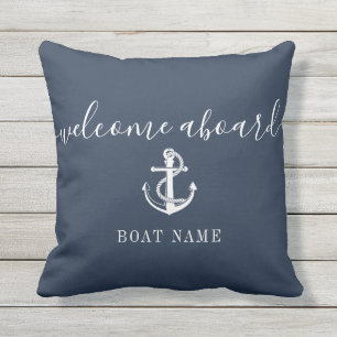 Navy Blue Welcome Aboard Boat Name Anchor Cushion